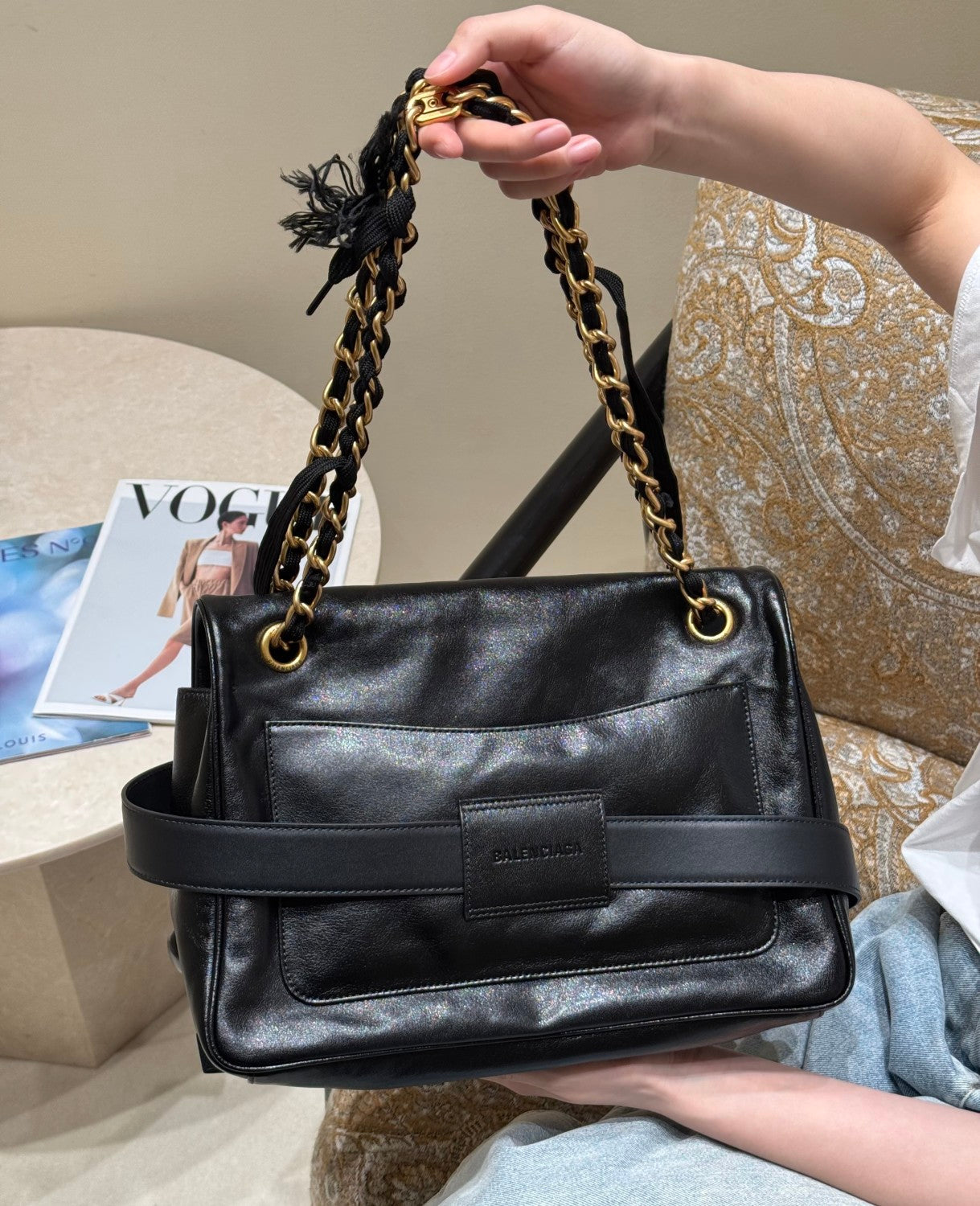Balenciaga MODU Women's Solid Color Brand Logo Chain Decorated Cowhide Shoulder Bag Handbag Bags #78124
