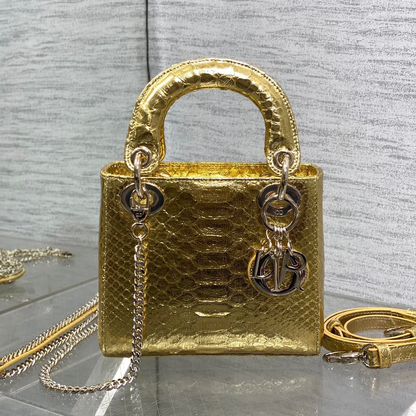 Dior Lady Women's Solid Color Metal Pendant Detachable Chain Shoulder Strap Snake Skin Single Shoulder Crossbody Handbag Bag Bags #77722