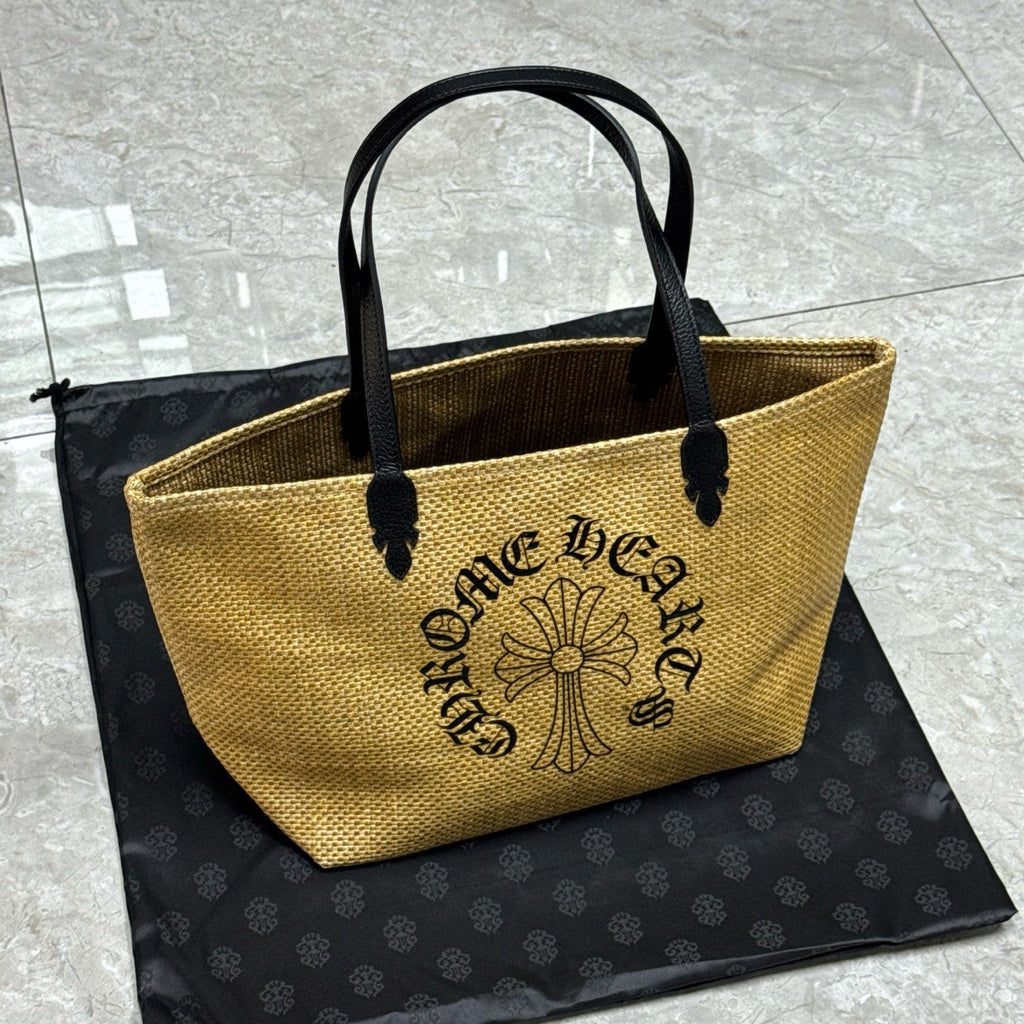 Chrome Hearts Women's Solid Color Sanskrit Print Waterproof Straw Shopping Bag Handbag Tote Bags #77936
