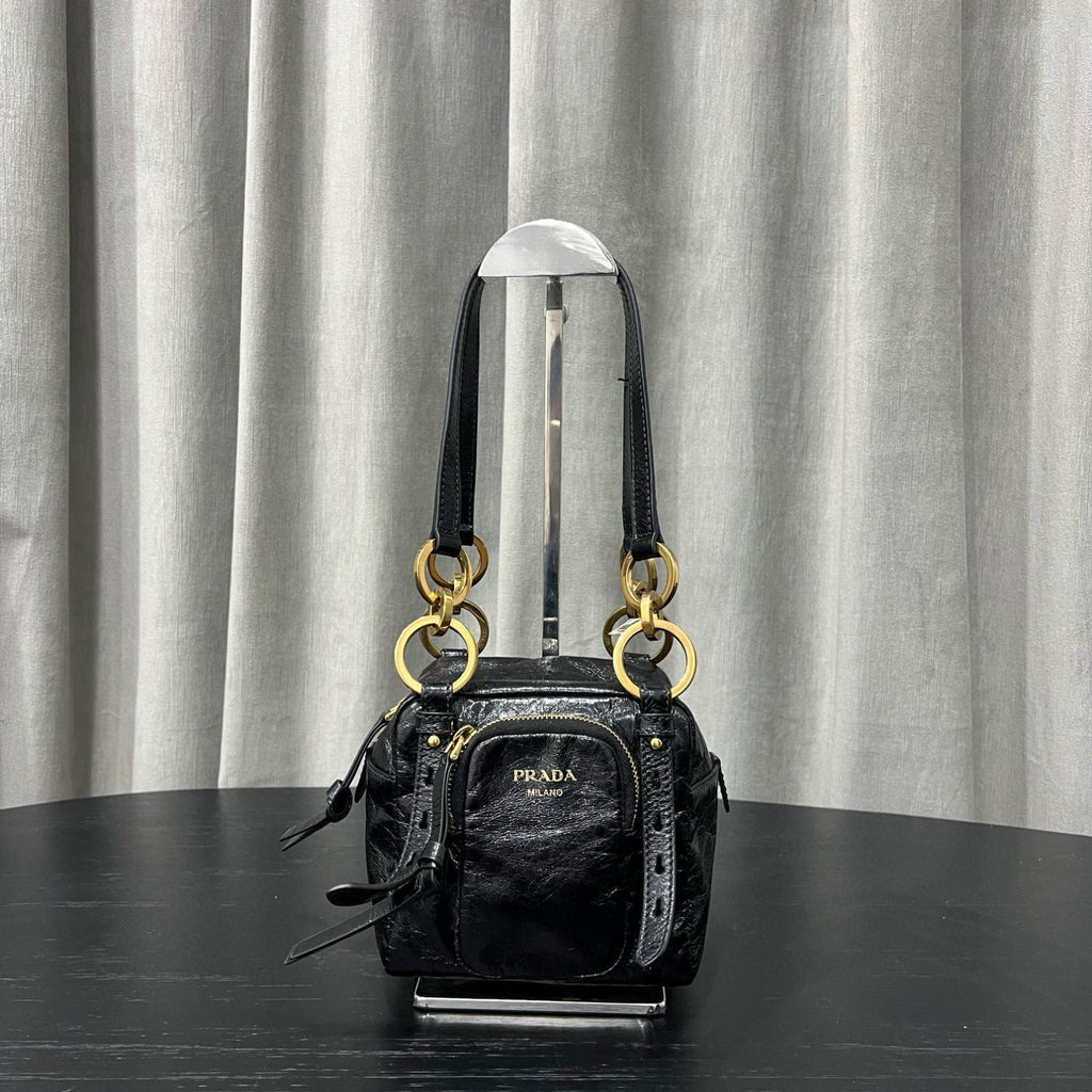 Prada Dangle Women's Black Letter Print Zipper Closure Cowhide Leather Mini Shoulder Bag Bags #75499