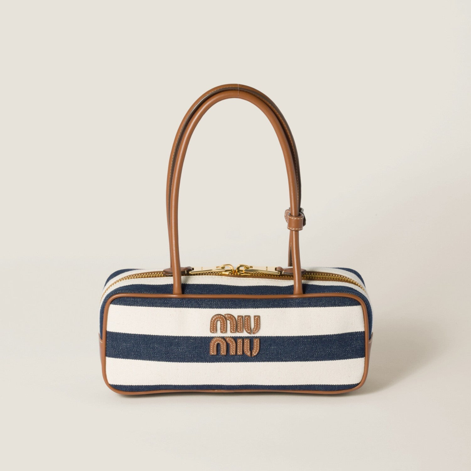 MiuMiu Beau Women's Embroidered Logo Print Striped Canvas And Calfskin Handbag Shoulder Bag Bags #77932