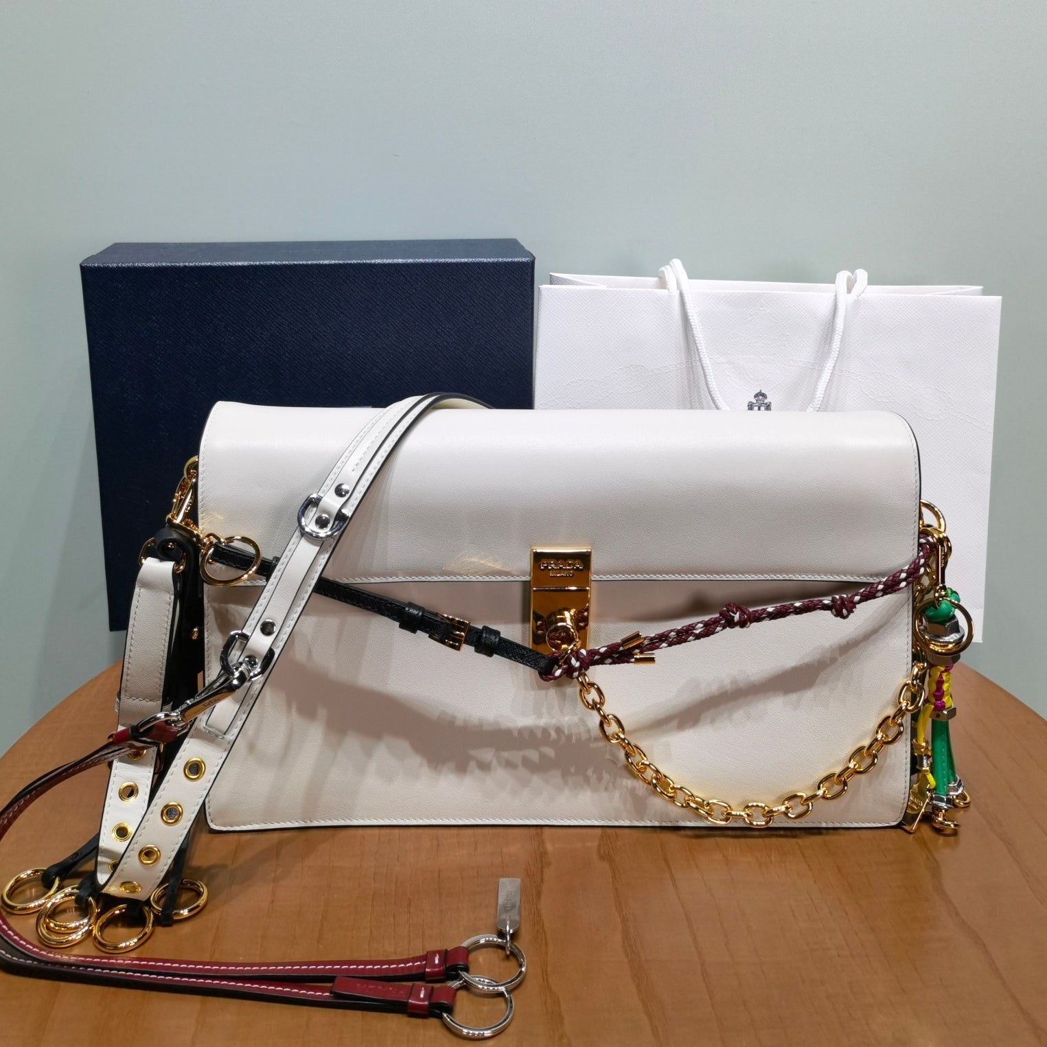Prada Soft Sound Women's Metal Parts Snap Button Flap Closure Solid Color Leather Crossbody Shoulder Bag Bags #76359