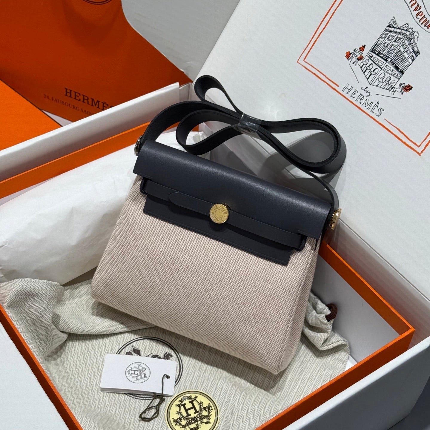 Hermes H -Mini Herbag Women's Color Blocking Metal Buckle Canvas and Cowhide Handbag Shoulder Satchel Bag Bags #76411