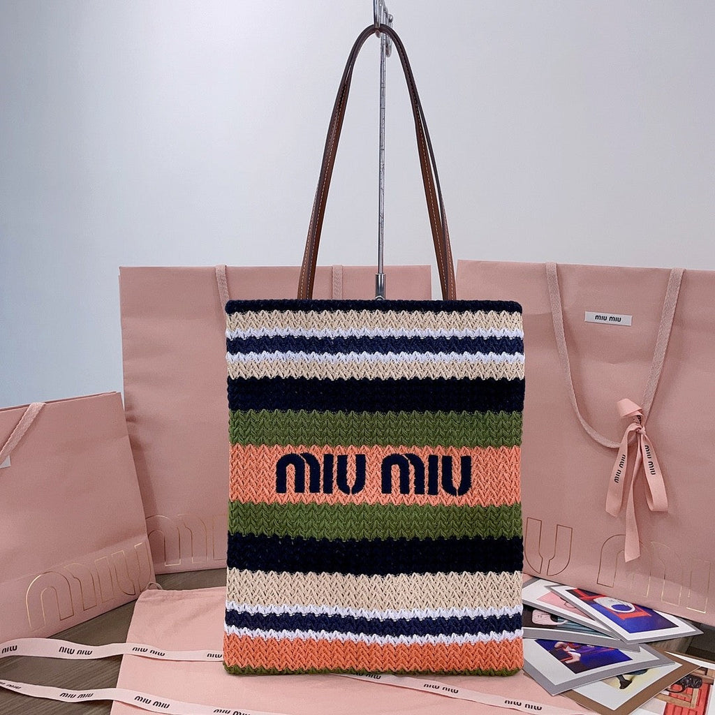 MiuMiu Women's Logo Embroidery Raffia Patchwork Cotton Thread Woven Shopping Bag Shoulder Tote Bags #76743