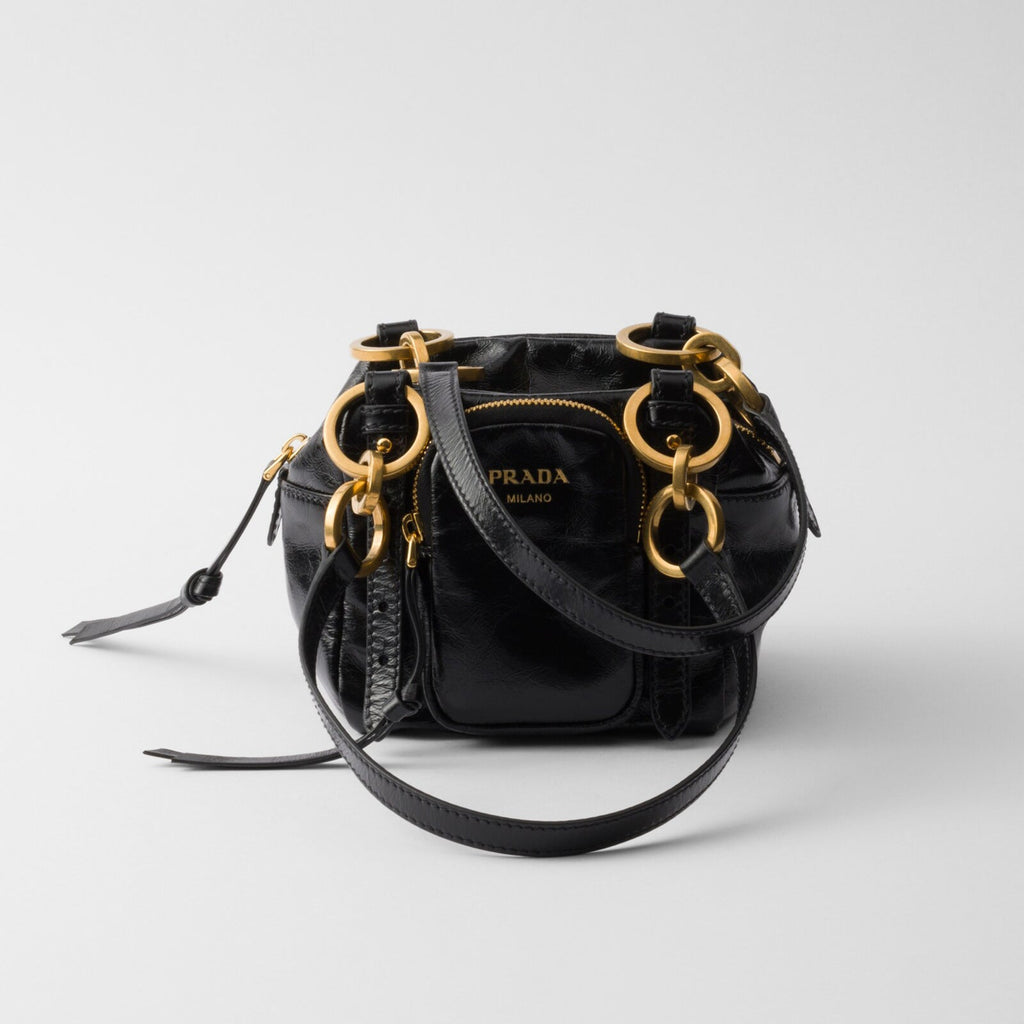 Prada Dangle Women's Black Letter Print Zipper Closure Cowhide Leather Mini Shoulder Bag Bags #75499