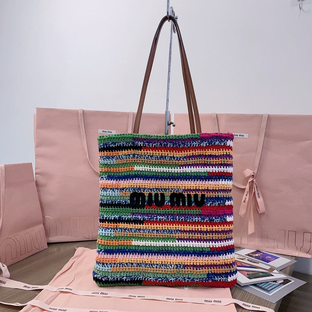 MiuMiu Women's Multicolour Embroidery Logo Crochet Shopping Bag Shoulder Handbag Tote Bags #76739