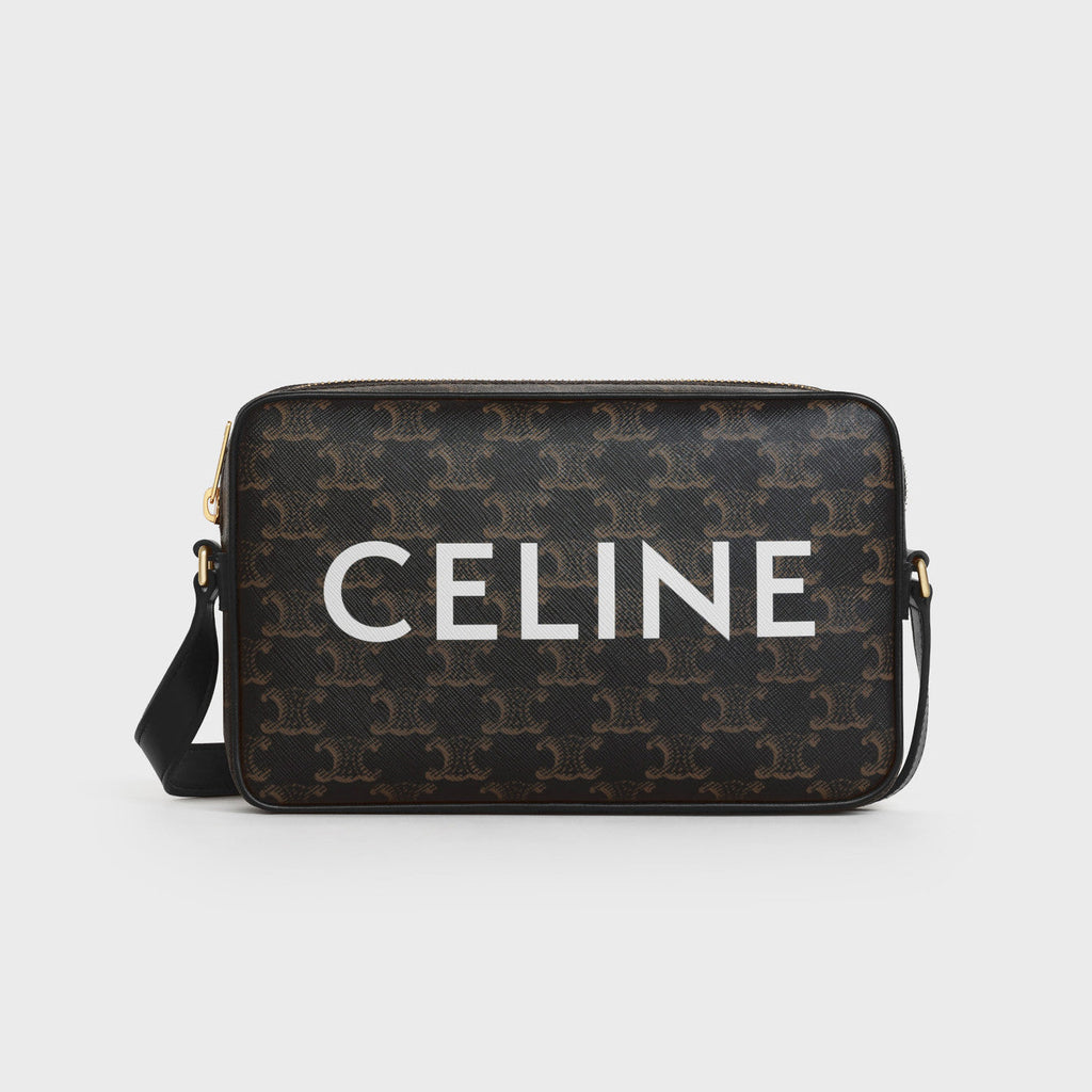 Celine Triomphe Men's Black Zipper Closure Printed Canvas Calfskin Shoulder Crossbody Bag Bags #75812