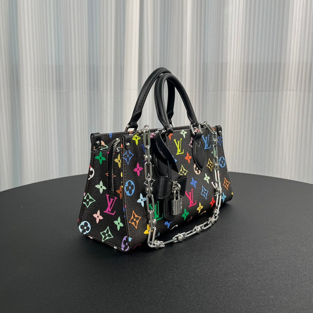 Louis Vuitton Lv X Tm Onthego East West Chain Women's Removable Shoulder Strap Zipper Closure Colorful Monogram Printed Printed Coated Canvas Leather Trimmed Shoulder Crossbody Bag Bags #75561