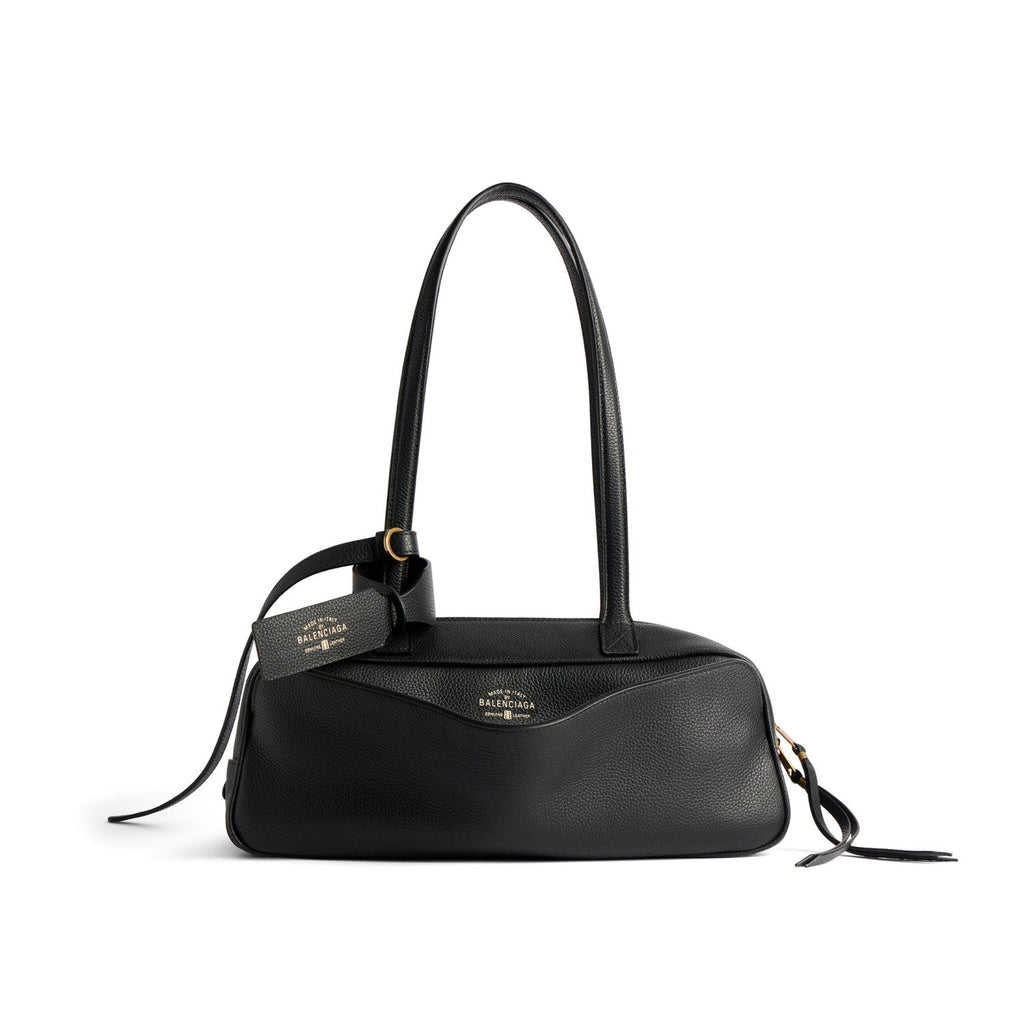 Balenciaga Men's Carrie Black Cowhide Small Bowling Bag with Aged Gold Metallic Accessories Handbag Bags #76257